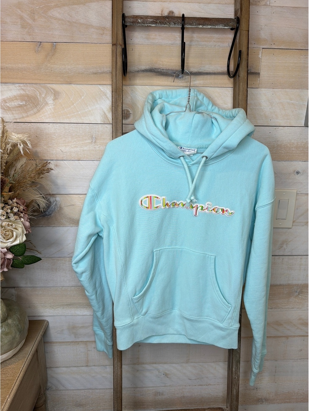 Champion Light Blue Hoodie with Striped Logo/REVERSE WEAVE SIZE SMALL